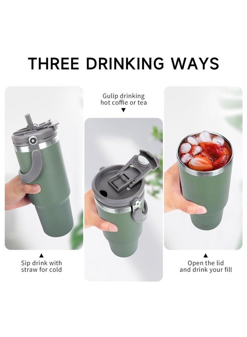 TYESO 1200ml Vacuum Insulated Tumbler 40oz Stainless Steel Travel Mug with Handle & Lid – Double Wall Thermal Water Bottle for Hot & Cold Drinks, Leakproof Large Capacity Cup – Green - Image 3